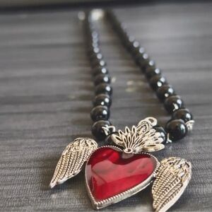 Boho necklace red enamel heart angel wings black beads Valentines DAY